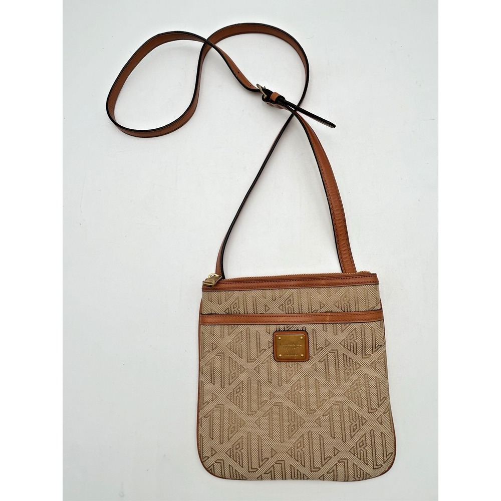 Lauren‎ Ralph Lauren Signature LRL Skinny Crossbody Khaki Fabric Brown Leather
